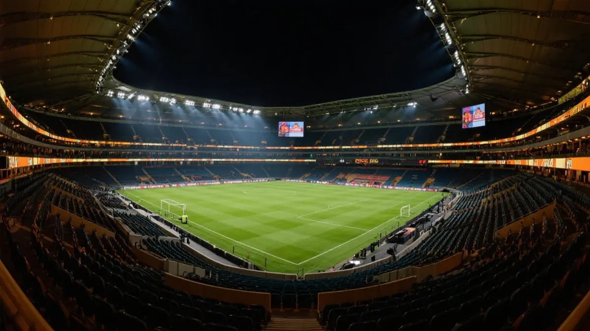 现代体育场内部看台与灯光氛围，适合大型决赛的舞台感